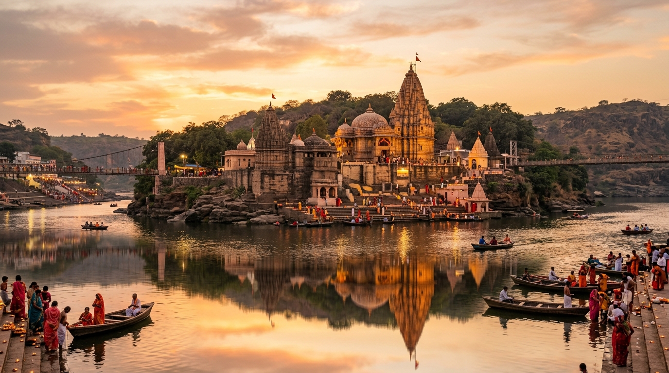 Sacred Omkareshwar Jyotirlinga Temple on Narmada River